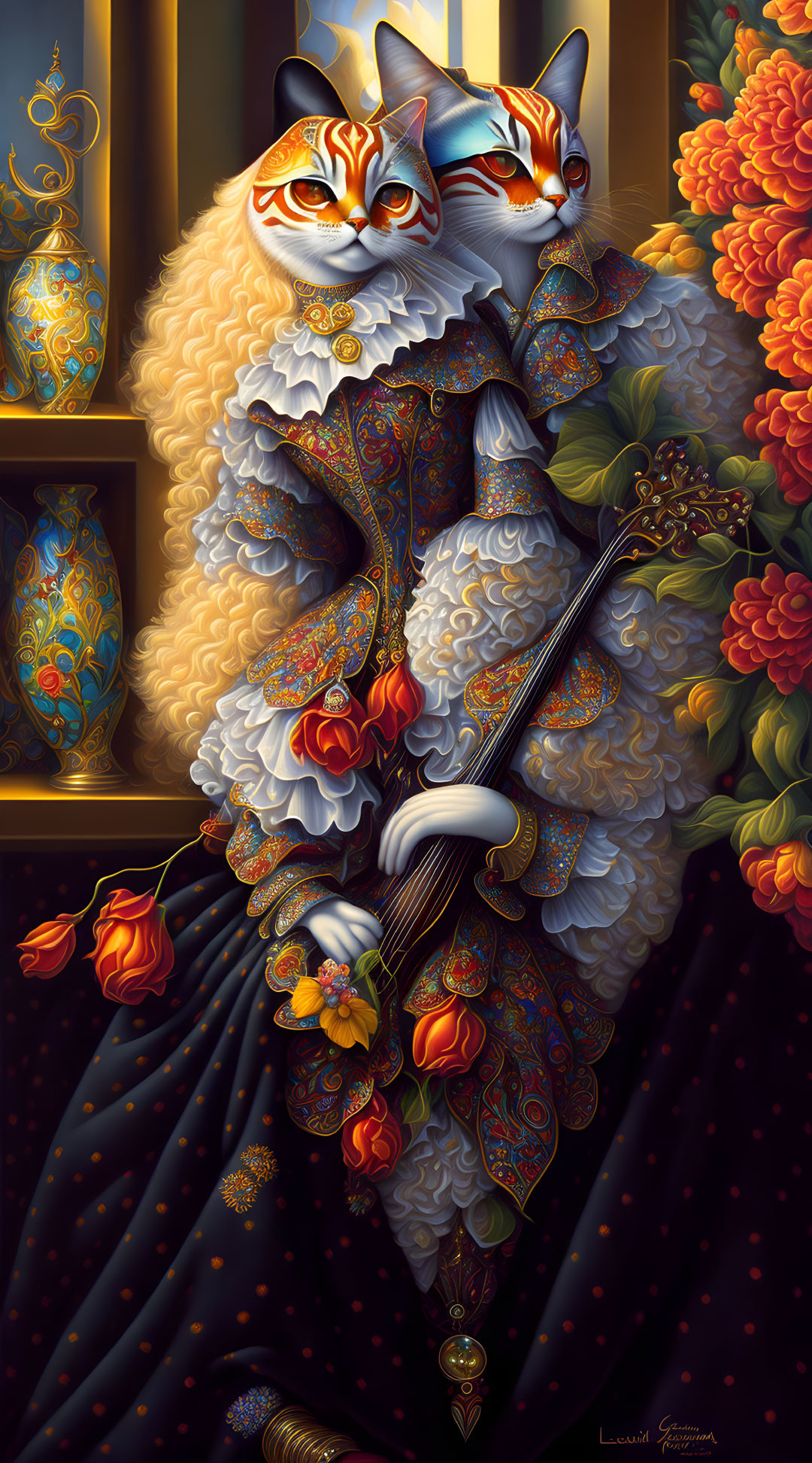 Anthropomorphic Cats in Renaissance Attire with Floral Arrangements