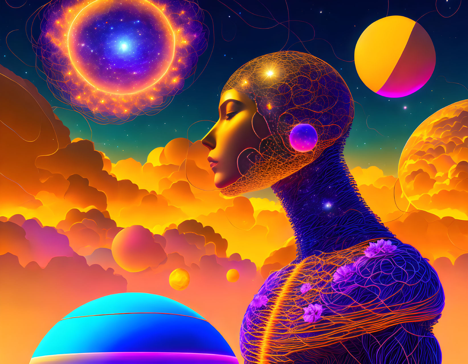 Colorful cosmic-themed woman surrounded by celestial bodies in surreal setting