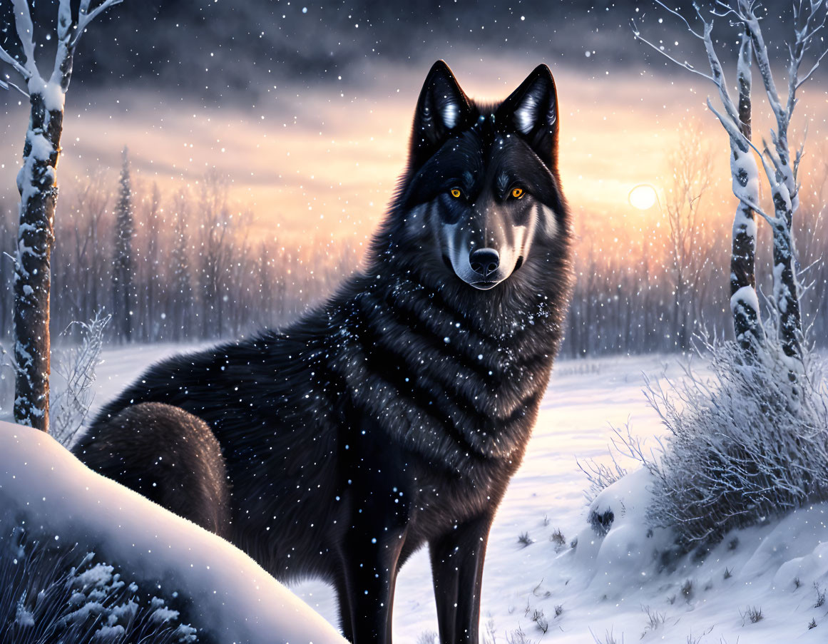 Black wolf in snowy forest clearing at twilight.