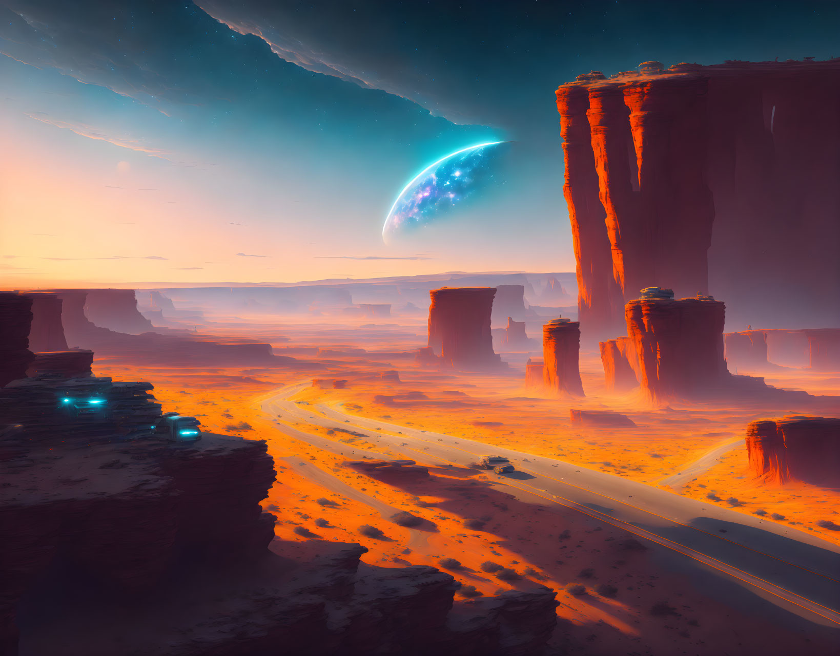 Futuristic sci-fi landscape with glowing path, rock formations, vehicles, and rising planet