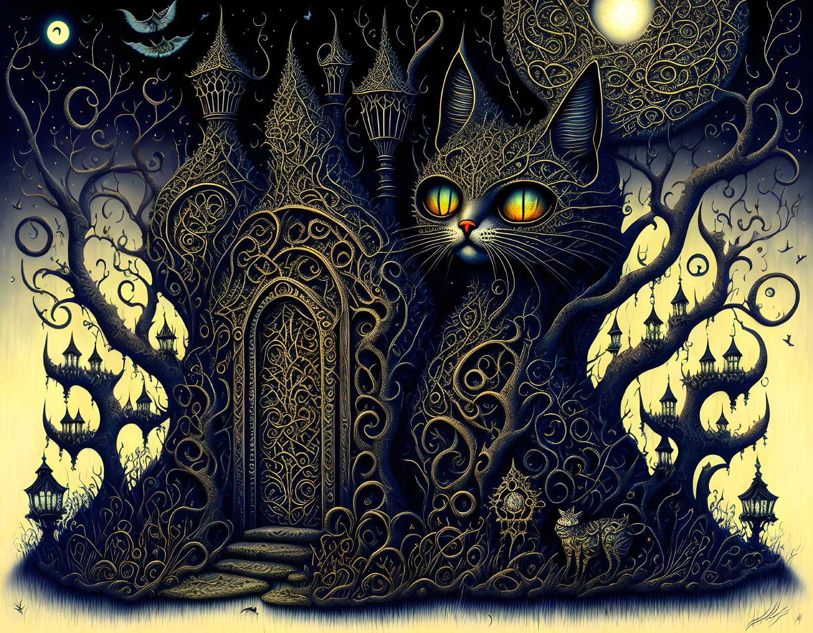 Whimsical black cat illustration with glowing eyes in magical night scene