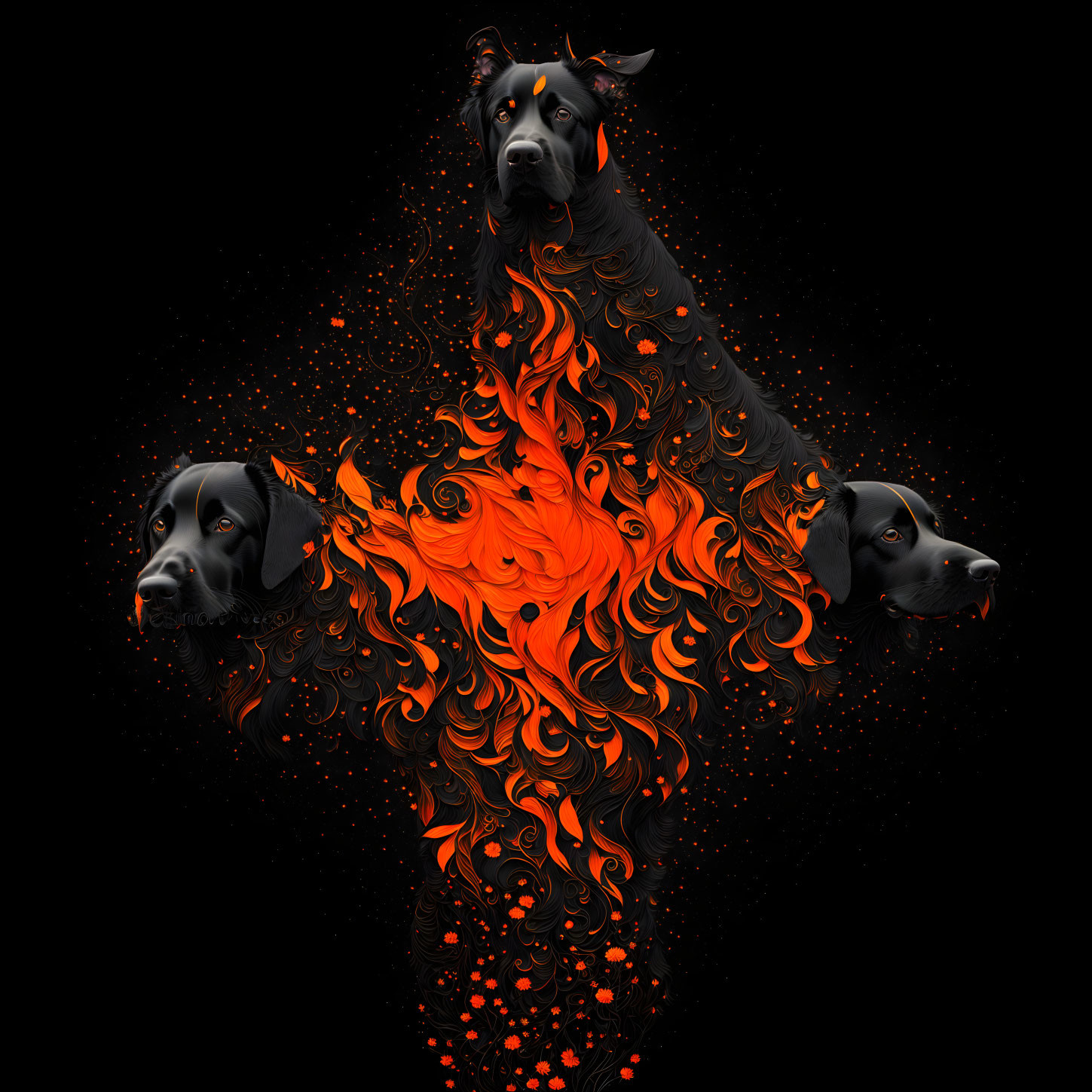 Three black dogs with fiery orange patterns on black background.