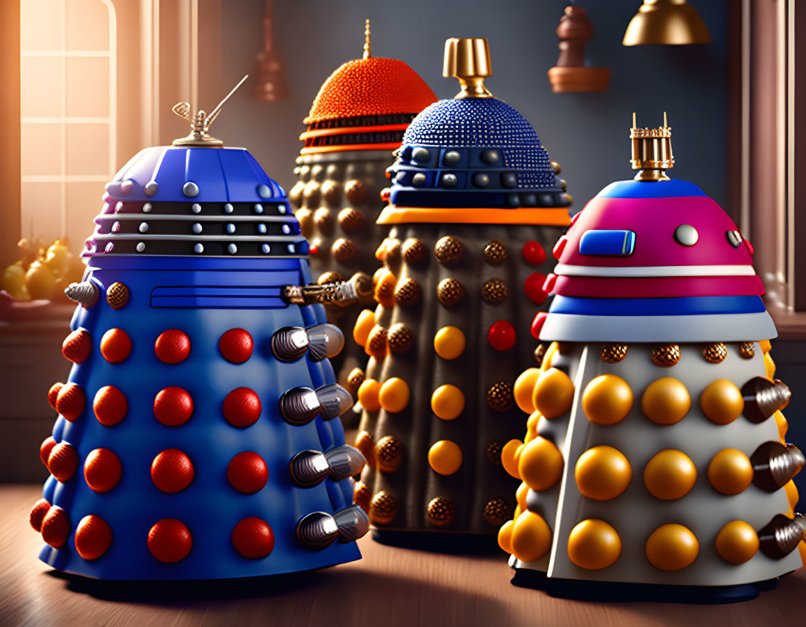 Colorful Dalek Toys Staged in Conversation with Warm Lighting