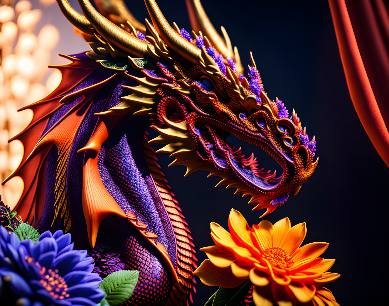 Golden dragon 3D rendering with intricate designs and colorful flowers on dark background