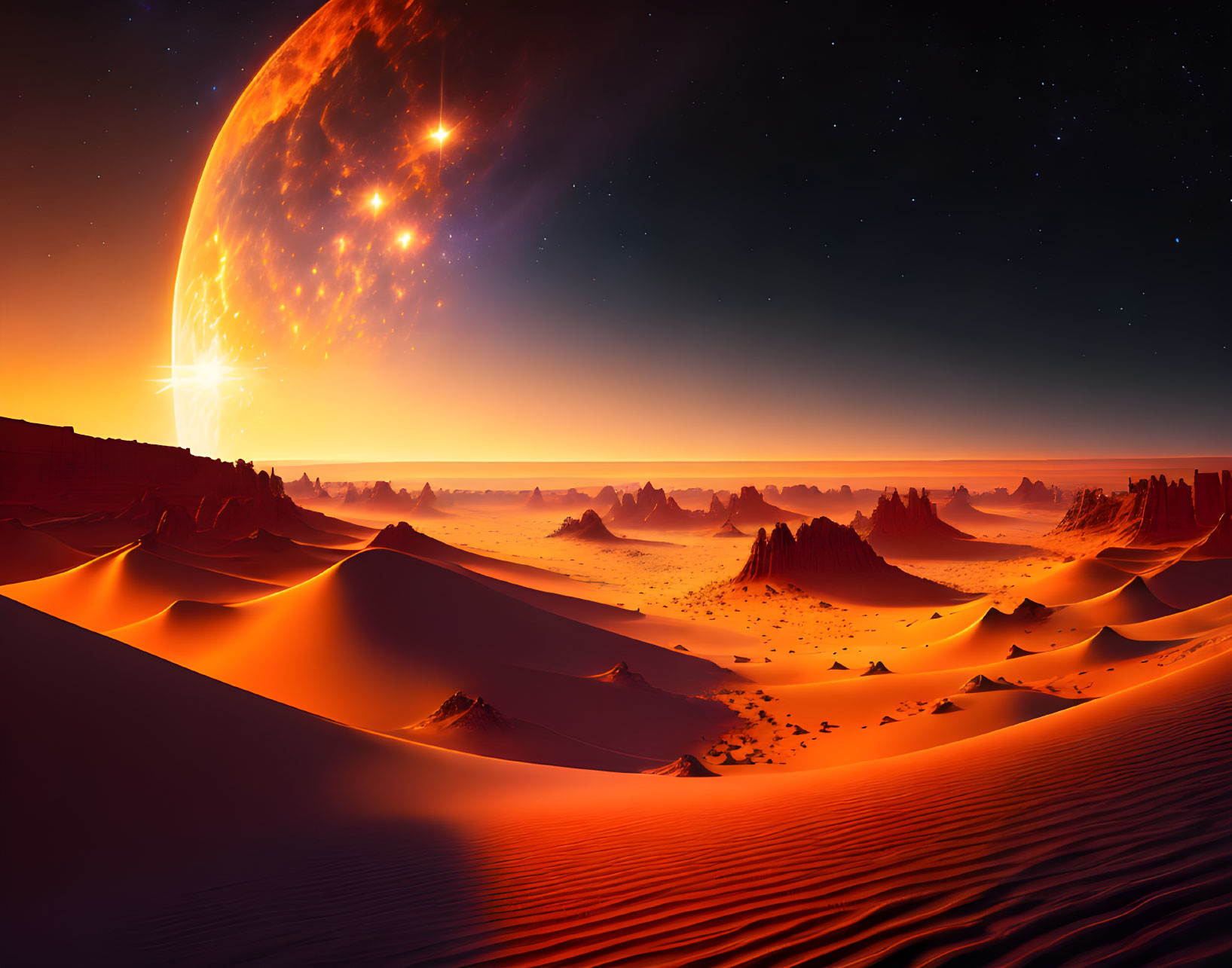 Surreal desert landscape with sand dunes, orange sky, huge lava-textured planet, and