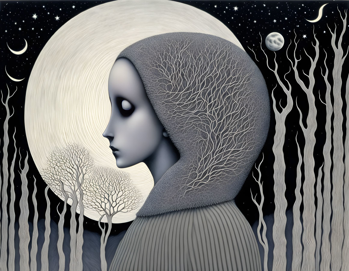 Surreal humanoid figure with tree branch hair under moonlit sky