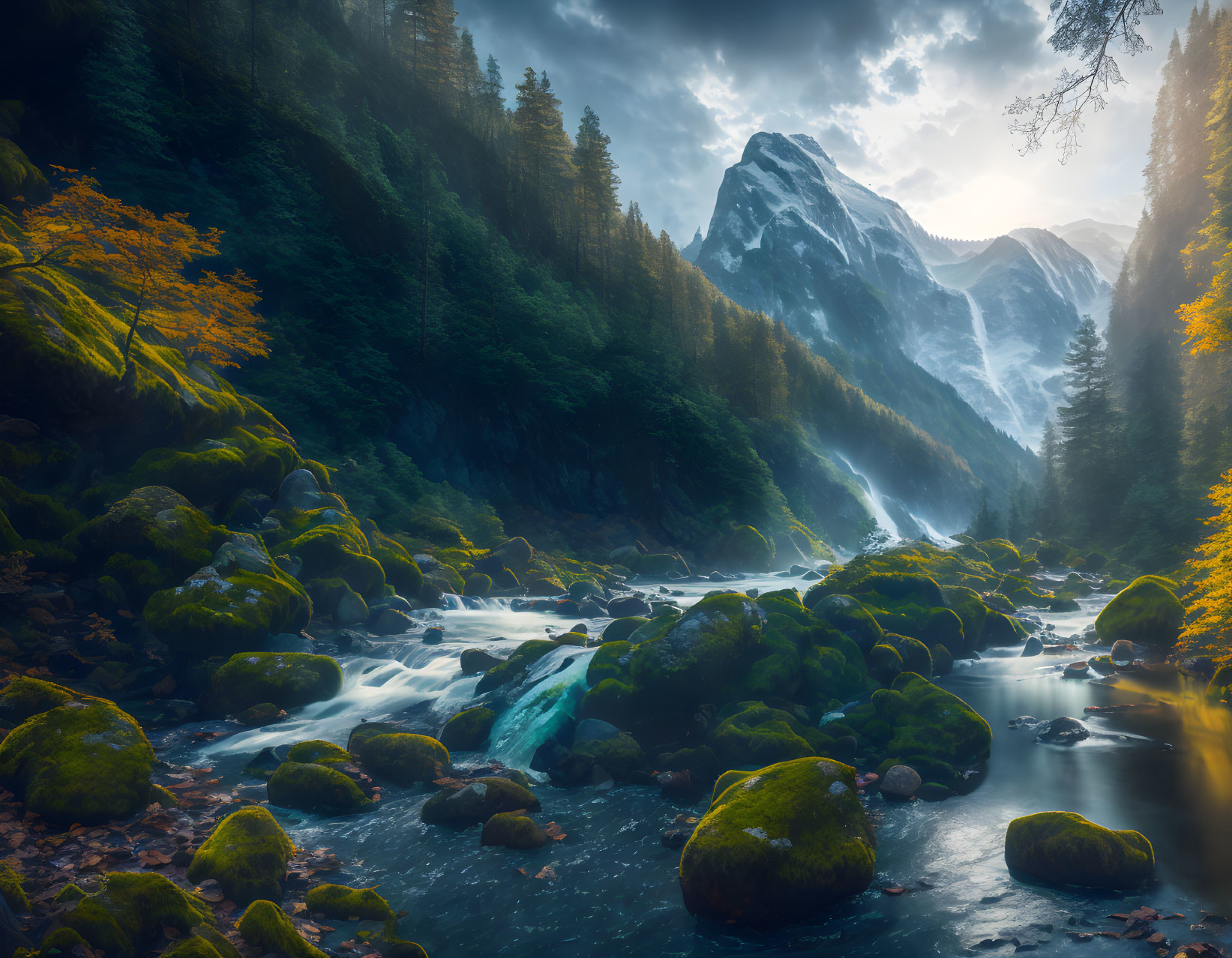 Snow-capped mountain overlooking forested valley with river and sunbeams