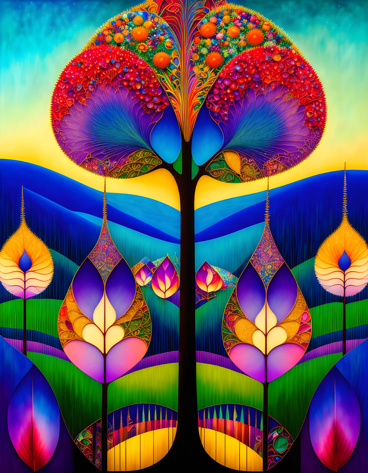 Symmetrical tree with peacock feather-like leaves on vibrant backdrop