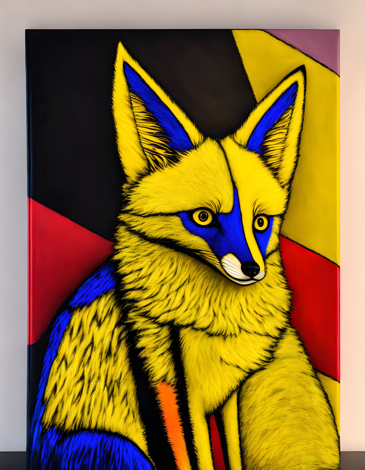 Colorful Stylized Yellow Fox Painting with Geometric Background