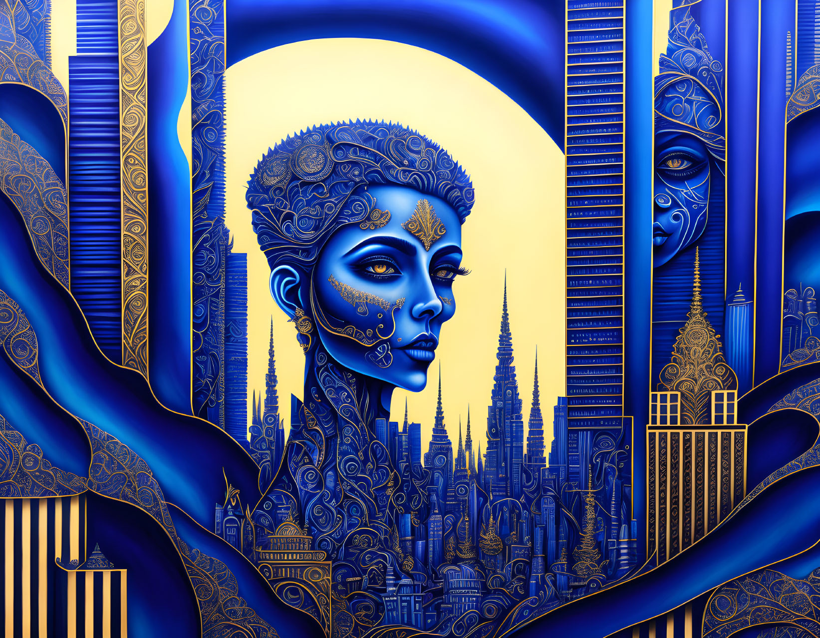 Detailed blue and gold artwork of stylized woman's profile and fantastical cityscape