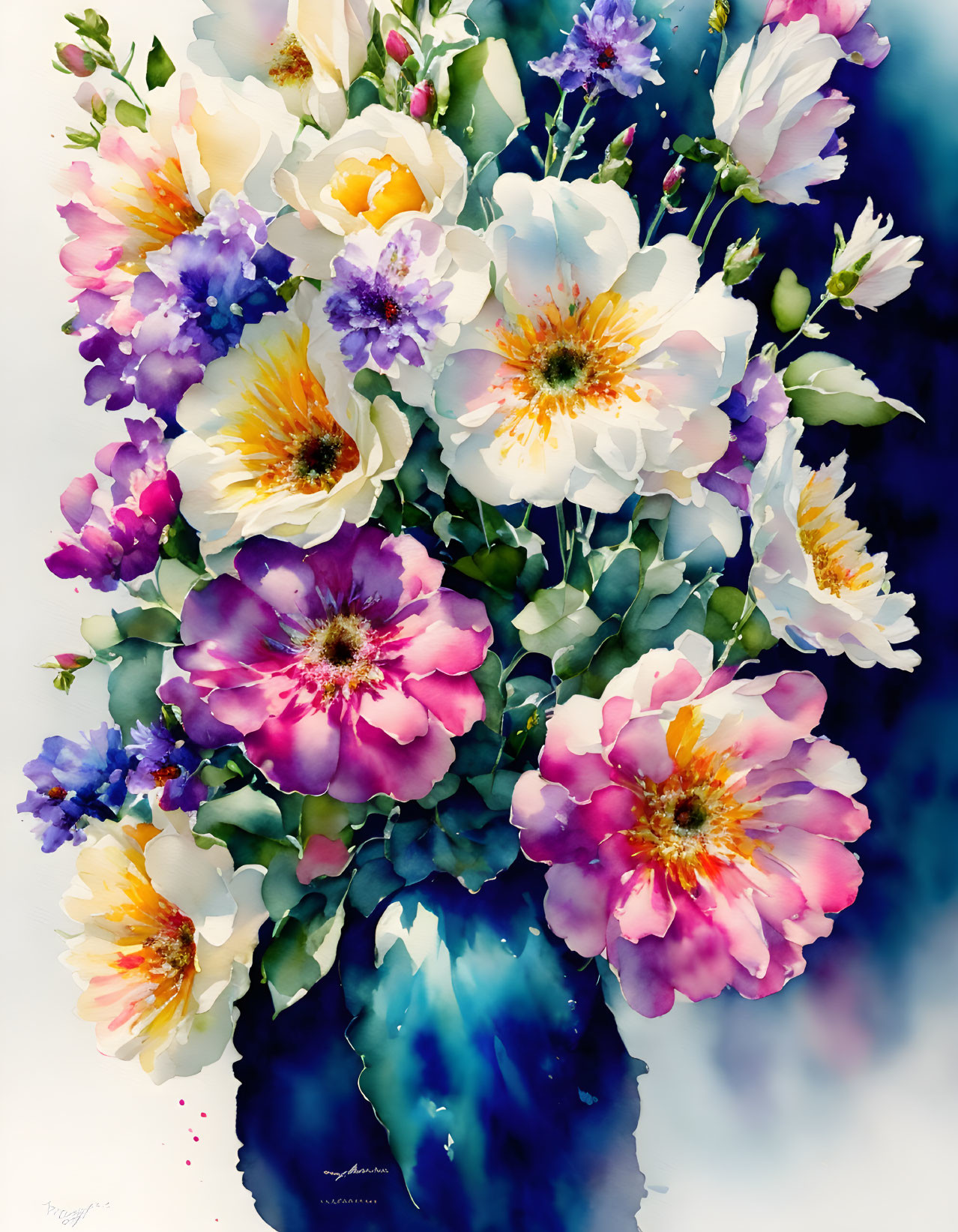 Colorful Watercolor Painting of Flowers in Purples, Pinks, and Whites