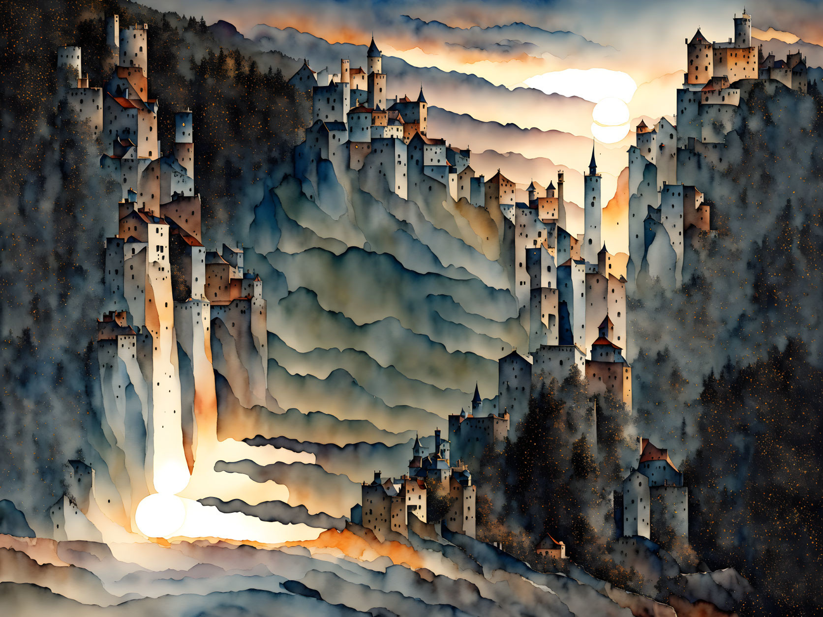 Mystical landscape featuring multiple castles on vertical rock formations