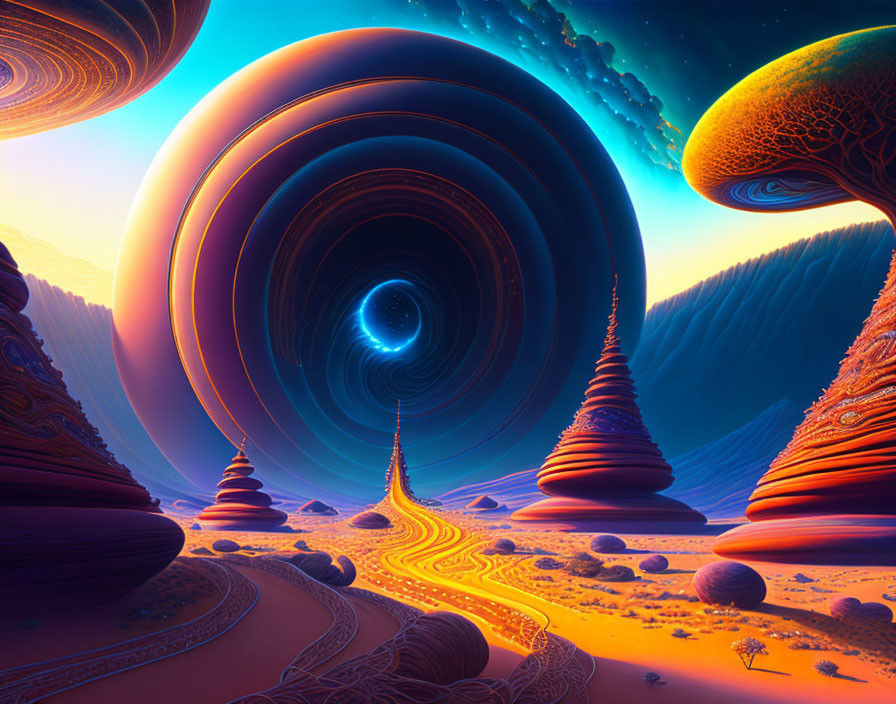 Colorful alien landscape: spiral rocks, glowing path, ringed planets in sunset glow