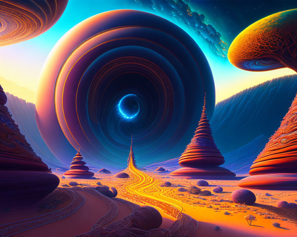 Colorful alien landscape: spiral rocks, glowing path, ringed planets in sunset glow