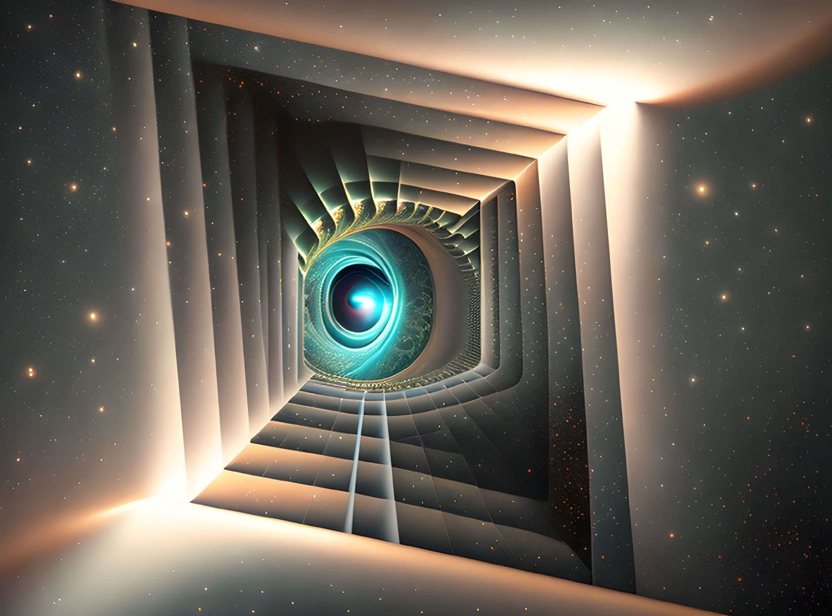 Surreal fractal tunnel with glowing blue eye and stair-like structures