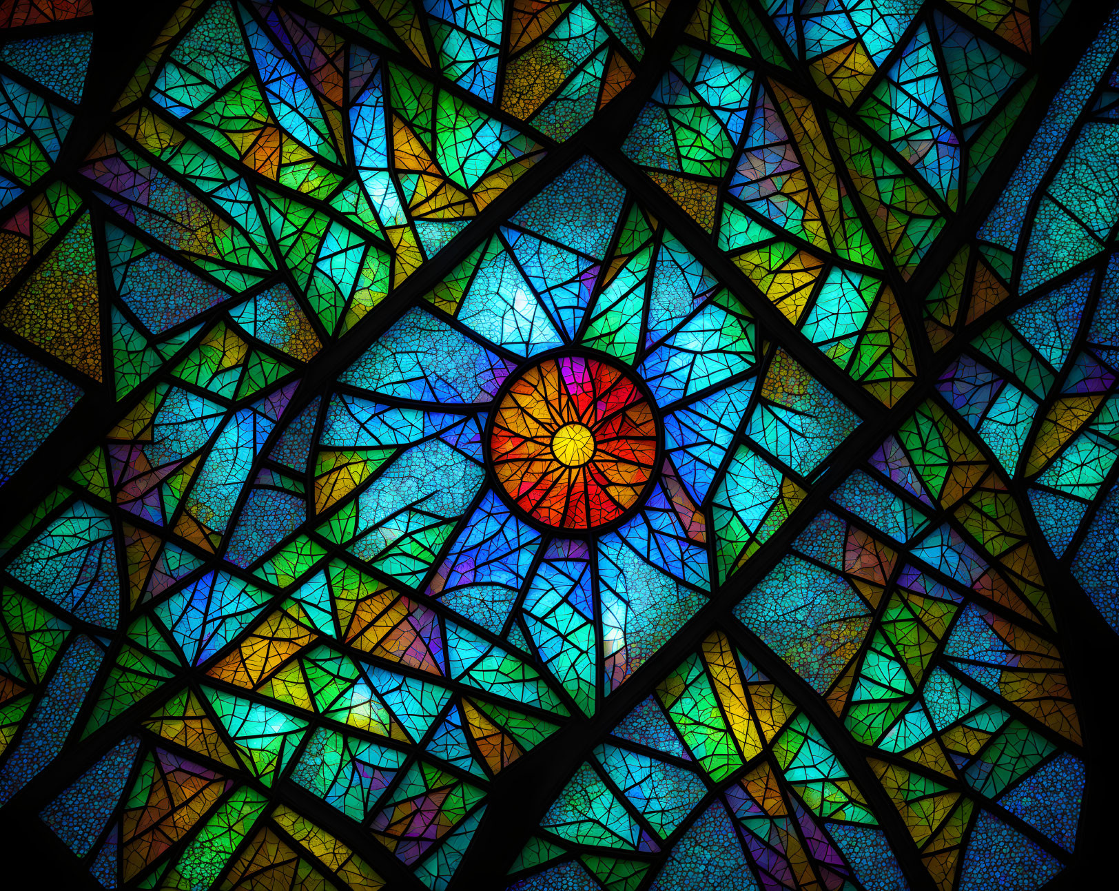 Vibrant Geometric Stained Glass Window with Circular Design