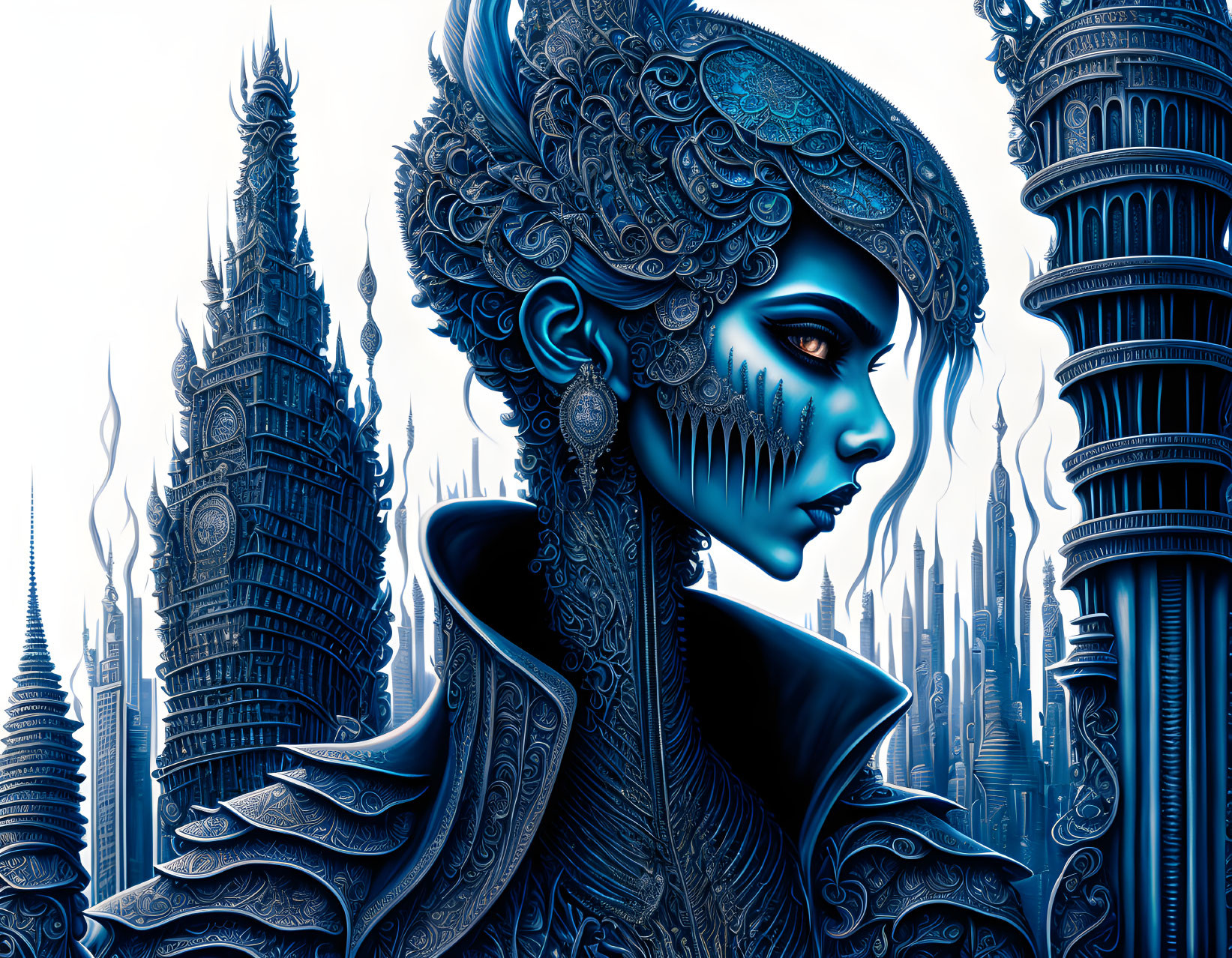 Detailed digital artwork: Woman with blue metallic features against futuristic towers