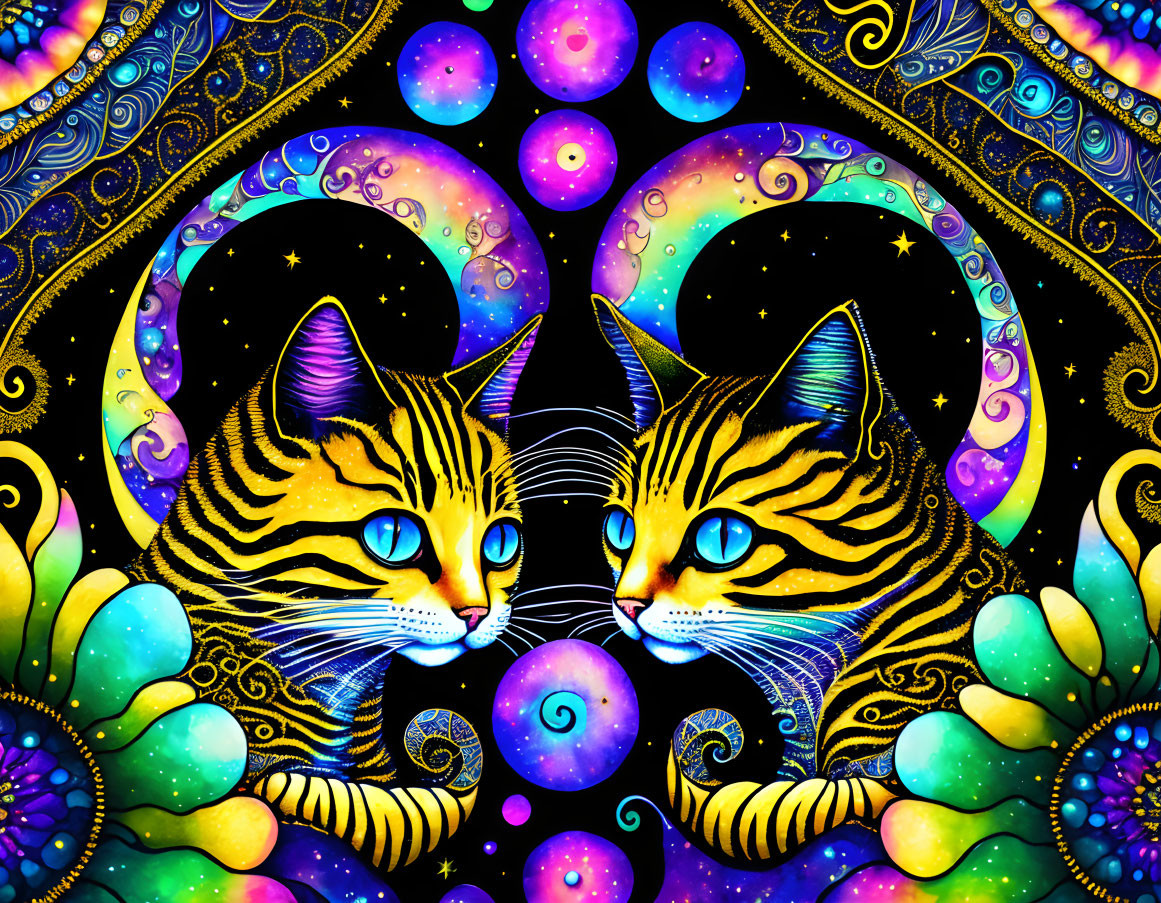 Colorful Cosmic Tabby Cats Illustration with Celestial Theme