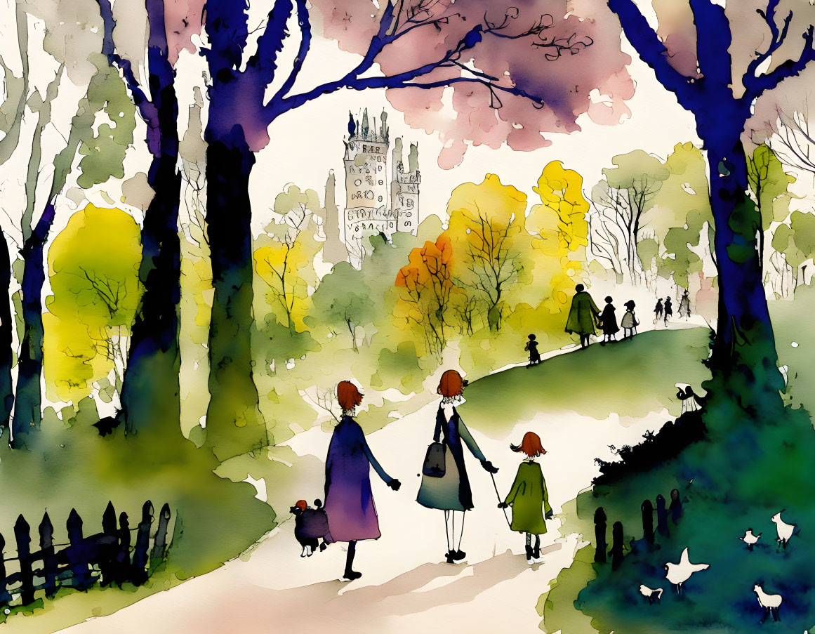 Vibrant watercolor painting of three people in park scene