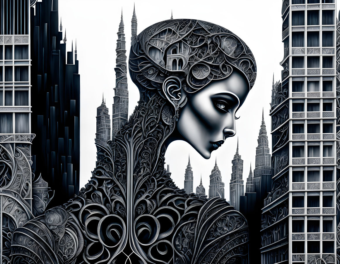 Monochromatic digital artwork of stylized female figure with intricate patterns against futuristic skyscrapers