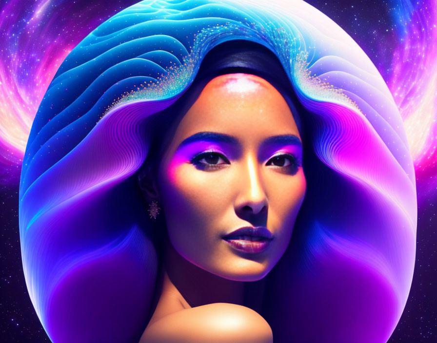 Digital artwork: Woman with glowing hair in cosmic theme