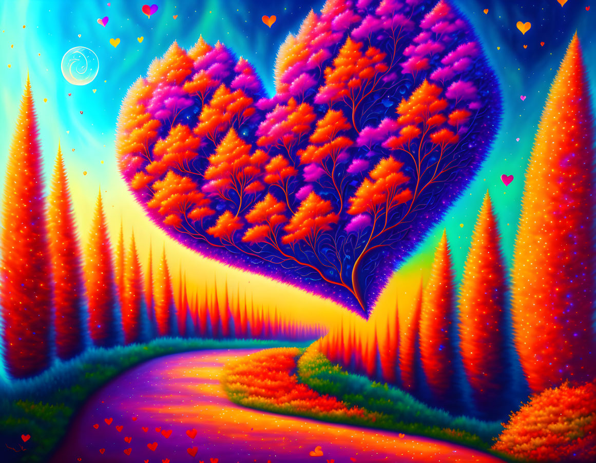 Colorful Heart-Shaped Tree in Whimsical Landscape