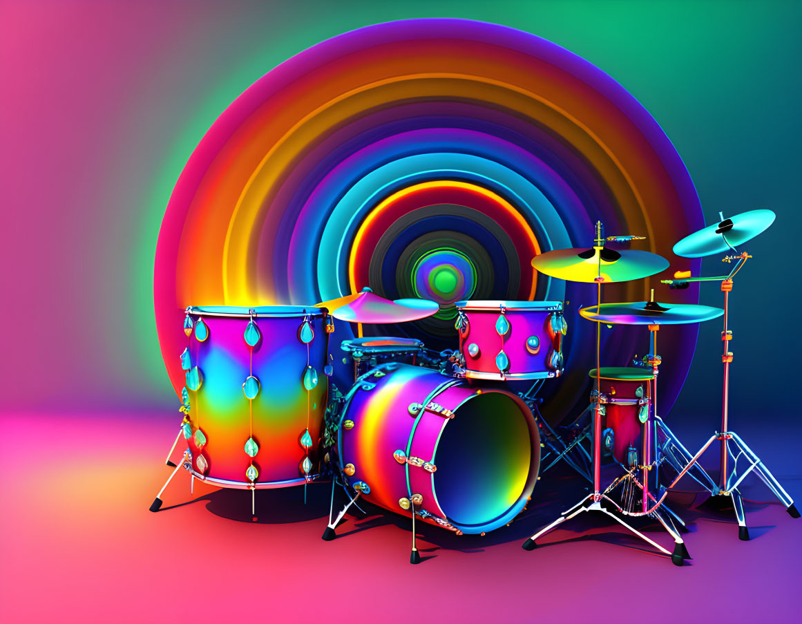 Colorful psychedelic drum set with rainbow backdrop and neon lights