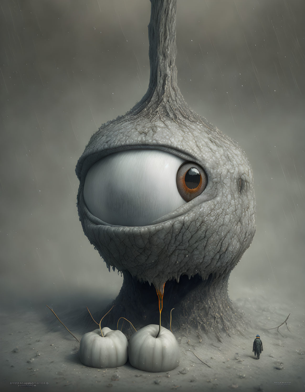 Surreal image of large creature with tree trunk body and single eye