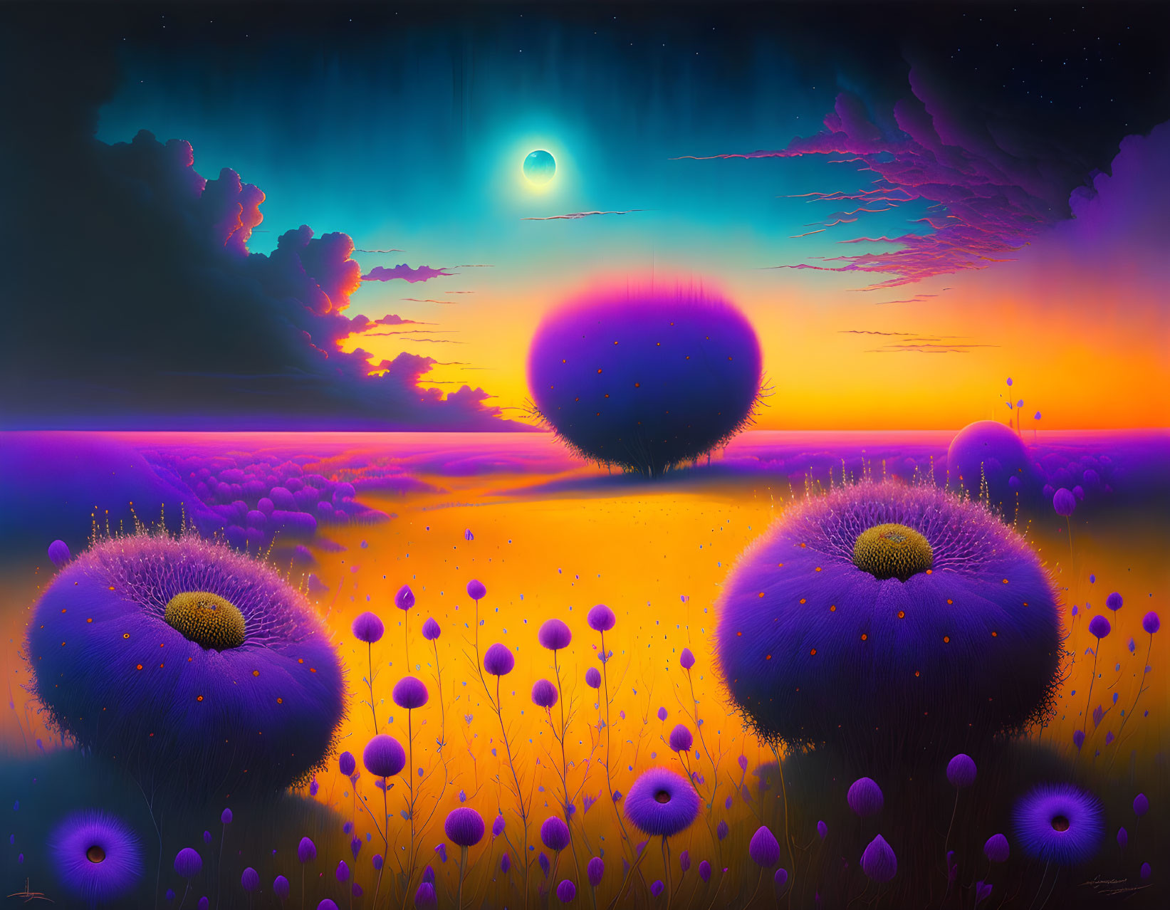 Fantasy landscape with oversized glowing flowers under starry sky