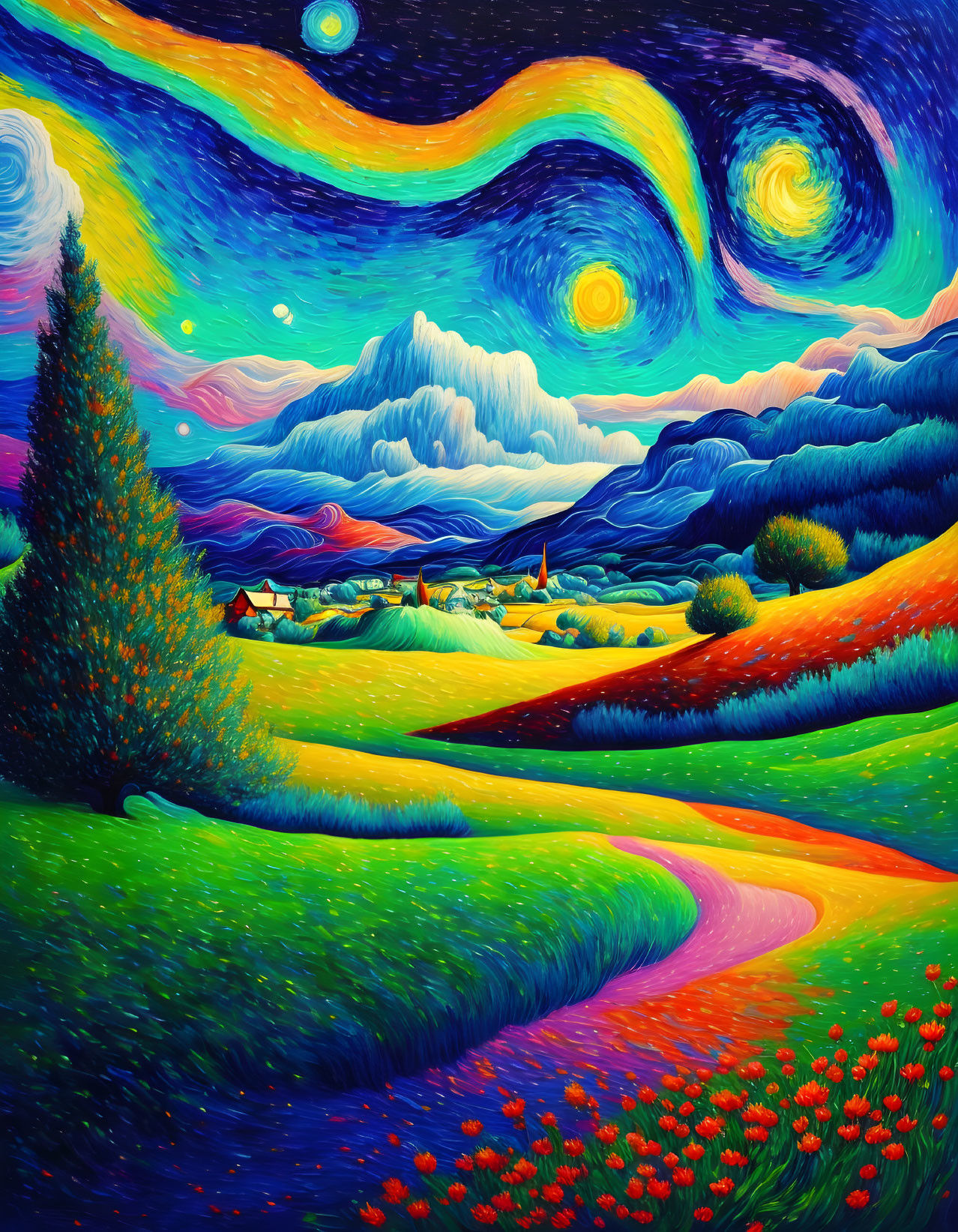 Stylized landscape with swirling skies and vivid elements