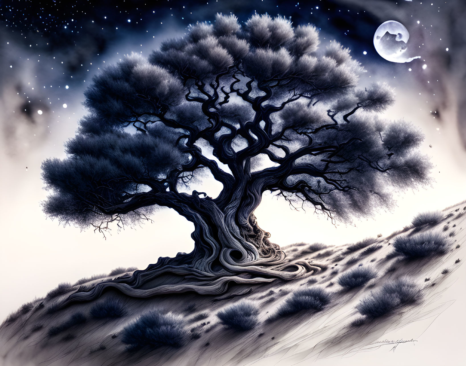 Surreal illustration: Twisted tree under night sky