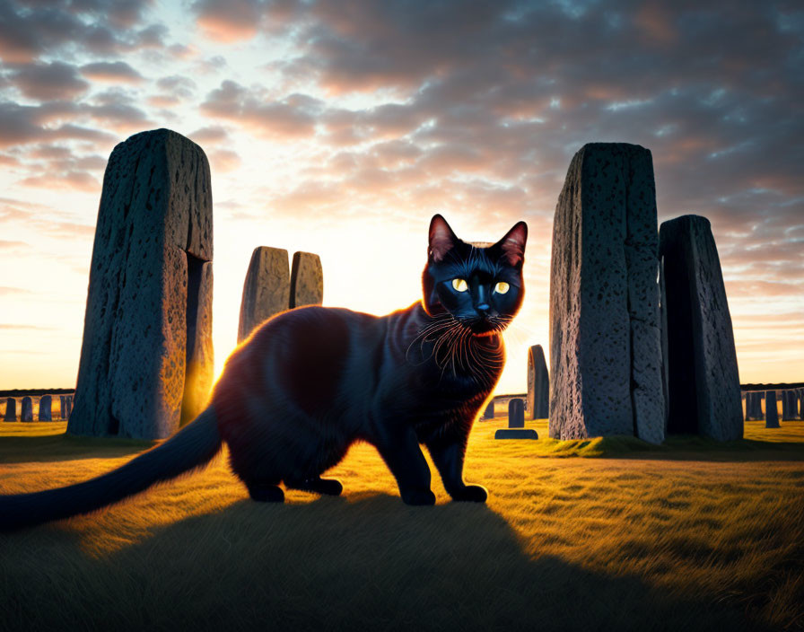 Black Cat with Blue Eyes at Stonehenge at Sunset