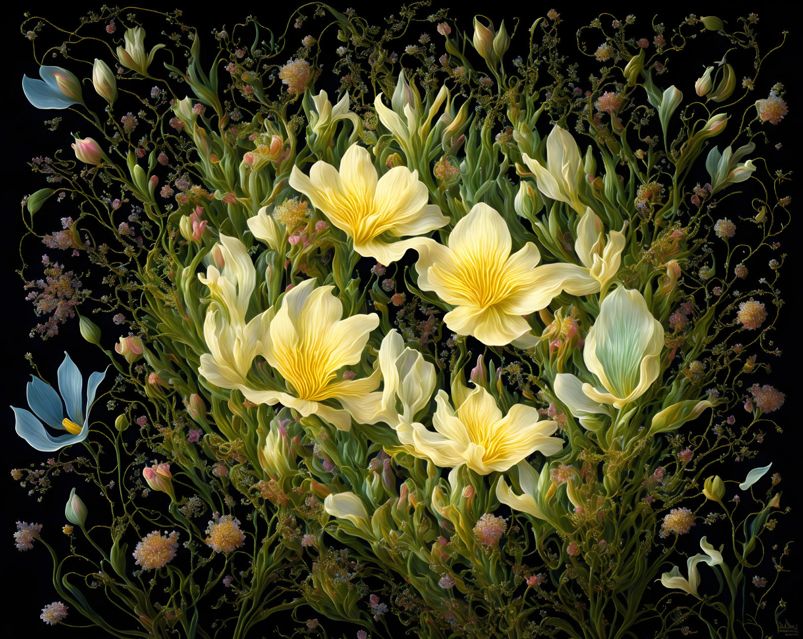 Colorful digital artwork: Yellow and blue flowers with green foliage on dark background