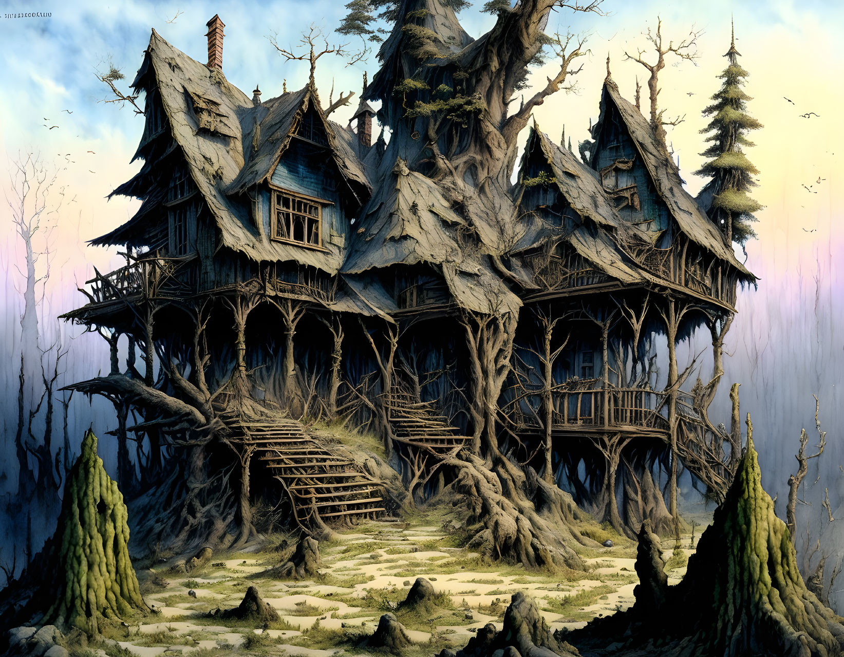 Intricate fantasy treehouse in misty forest landscape