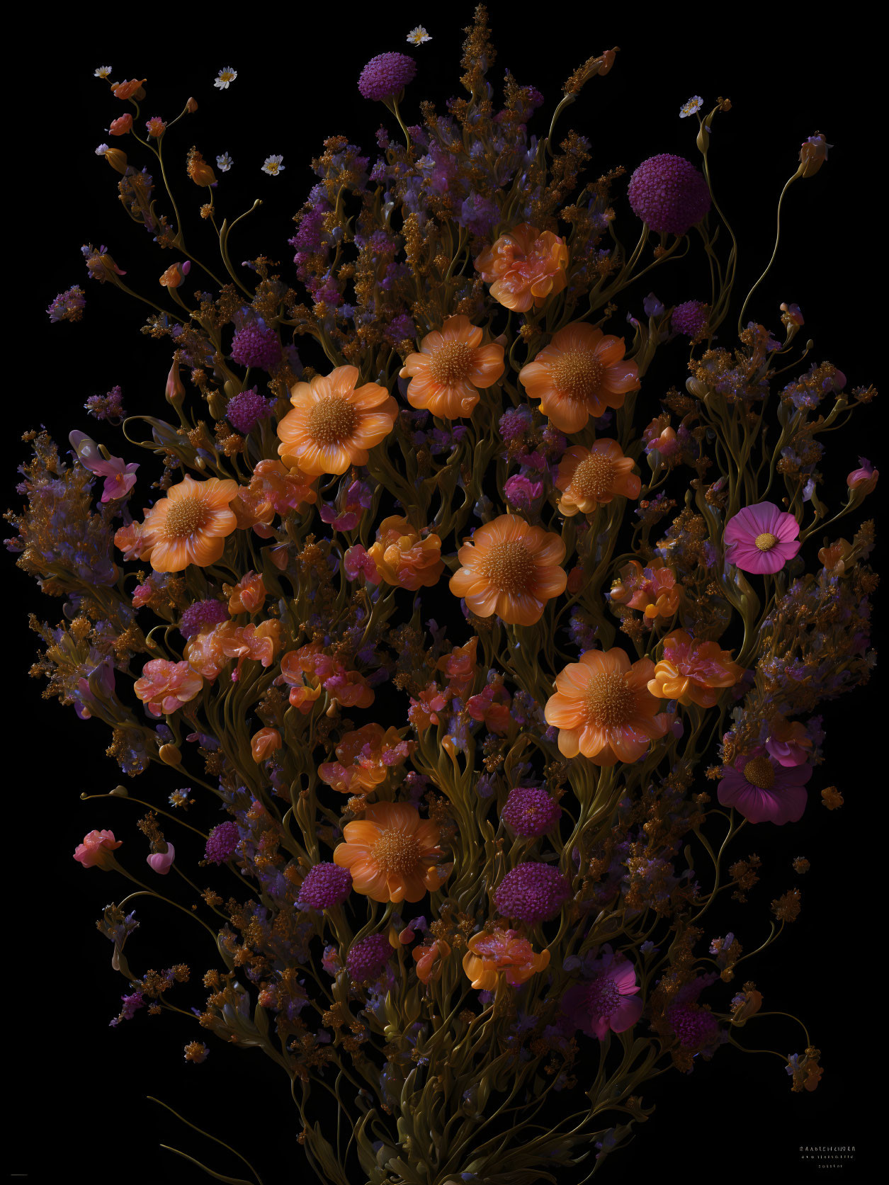 Colorful Orange, Purple, and Pink Flower Bouquet on Dark Background