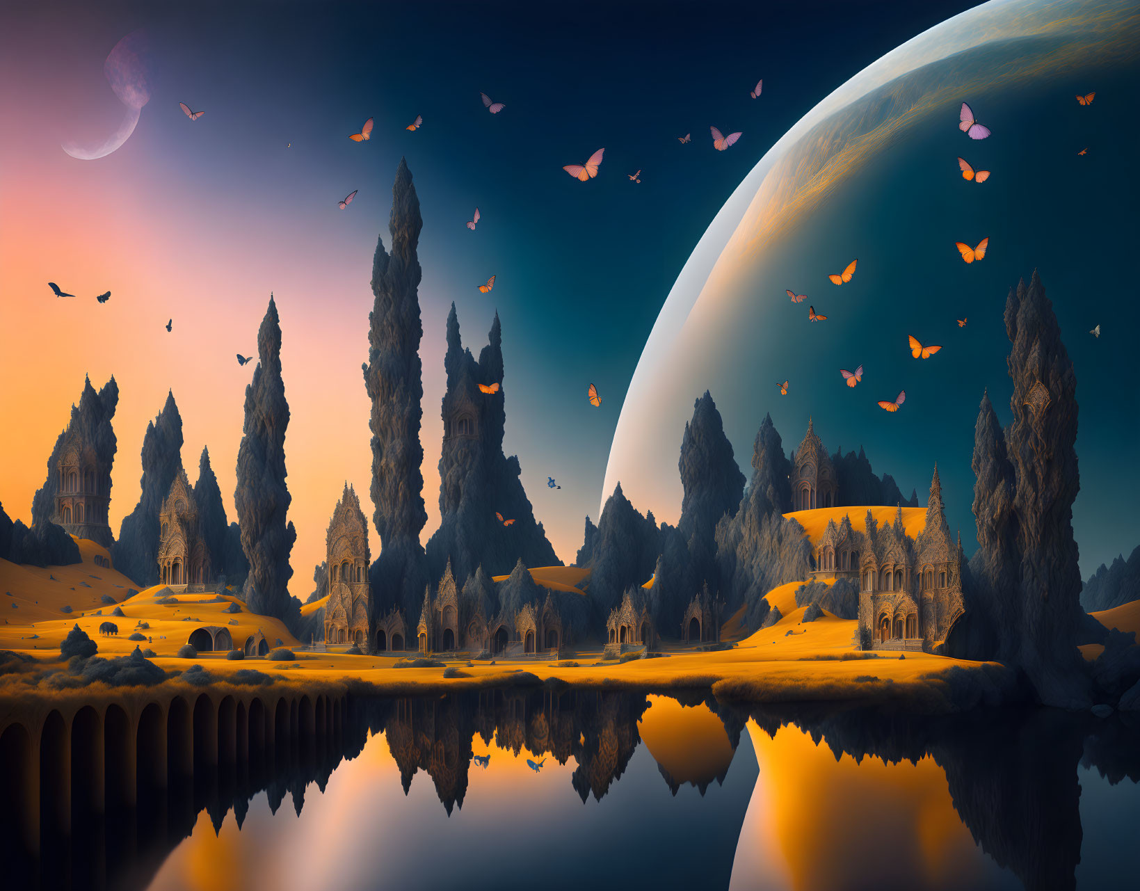 Fantastical landscape with oversized moon, serene lake, gothic structures, and twilight sky