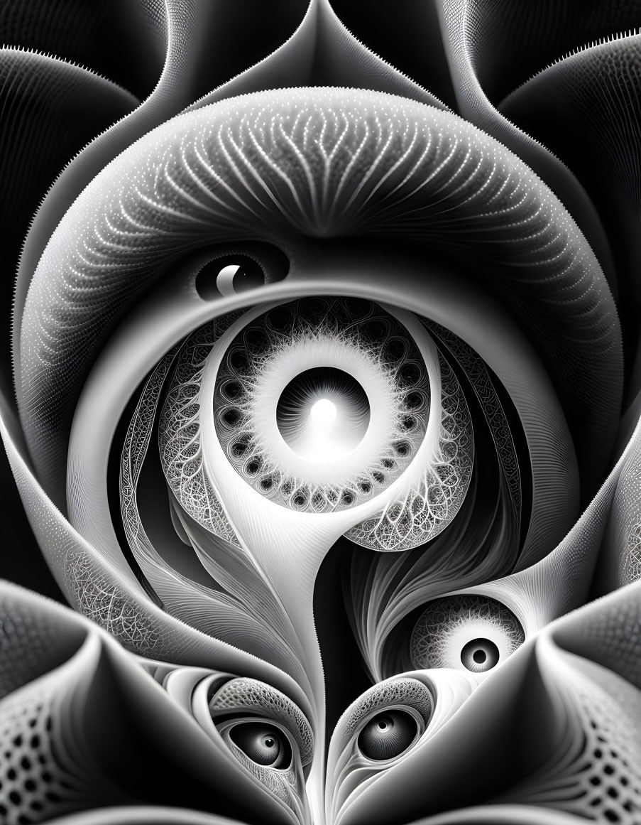 Abstract Monochromatic Fractal Image with Swirls and Eyes