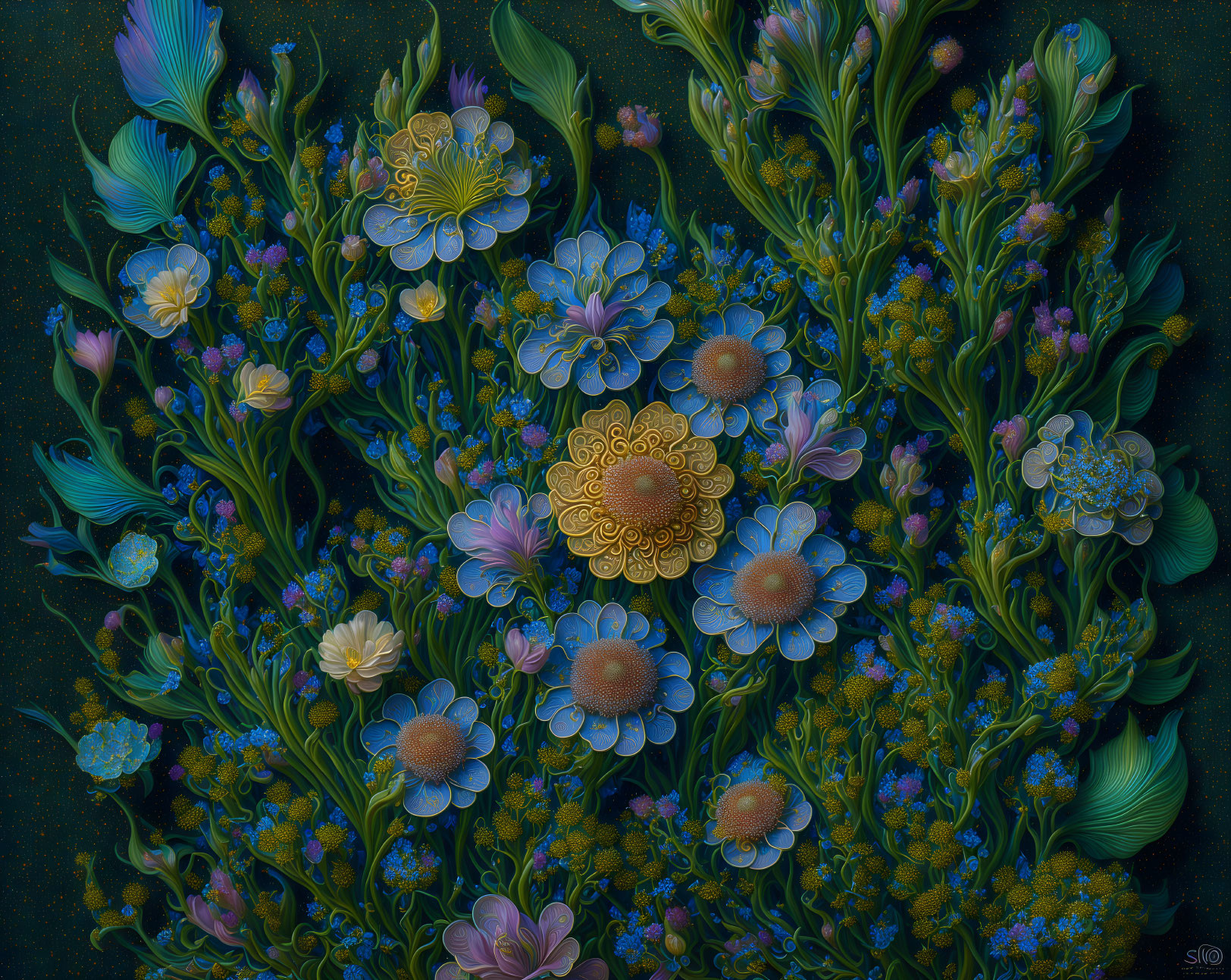 Detailed digital painting: Fantastical blue, gold, and green flowers on dark background