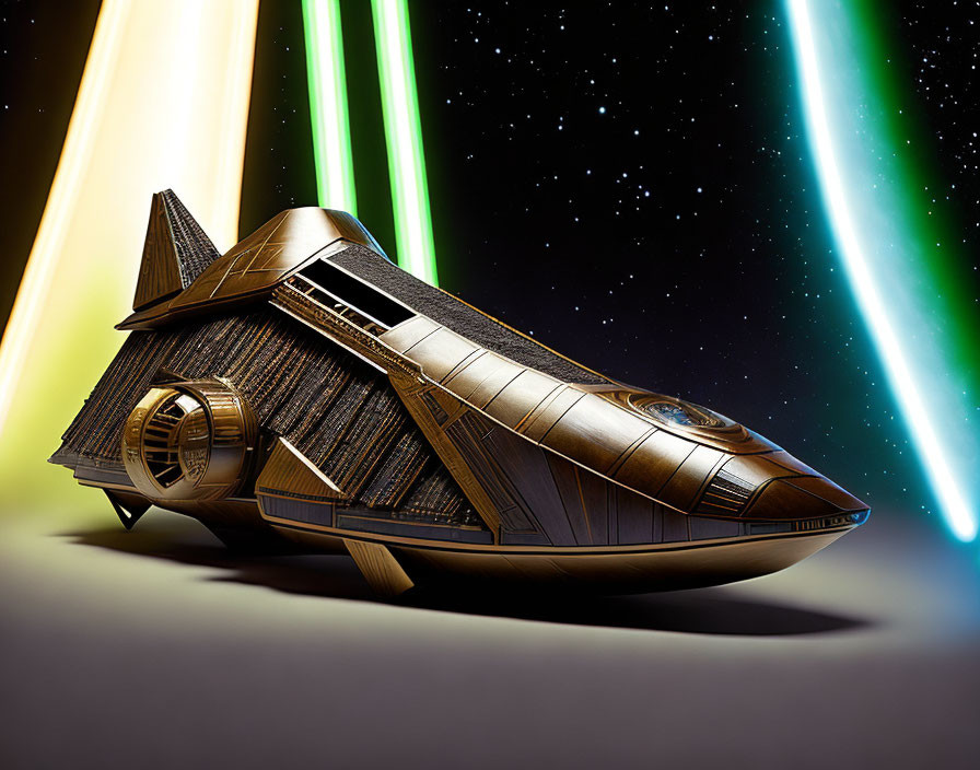 Golden Futuristic Spaceship with Detailed Designs on Bright Green and Yellow Background