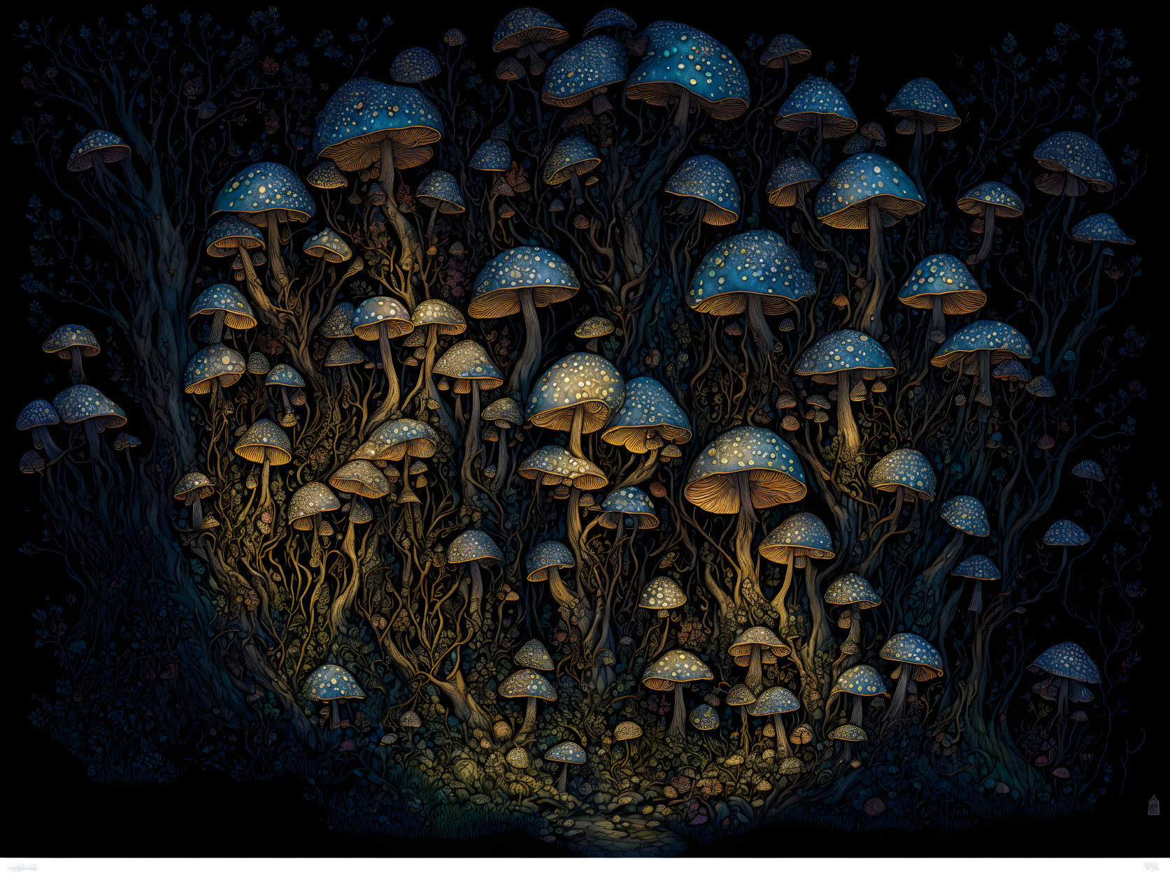 Luminescent Blue-Spotted Mushrooms in Nocturnal Forest