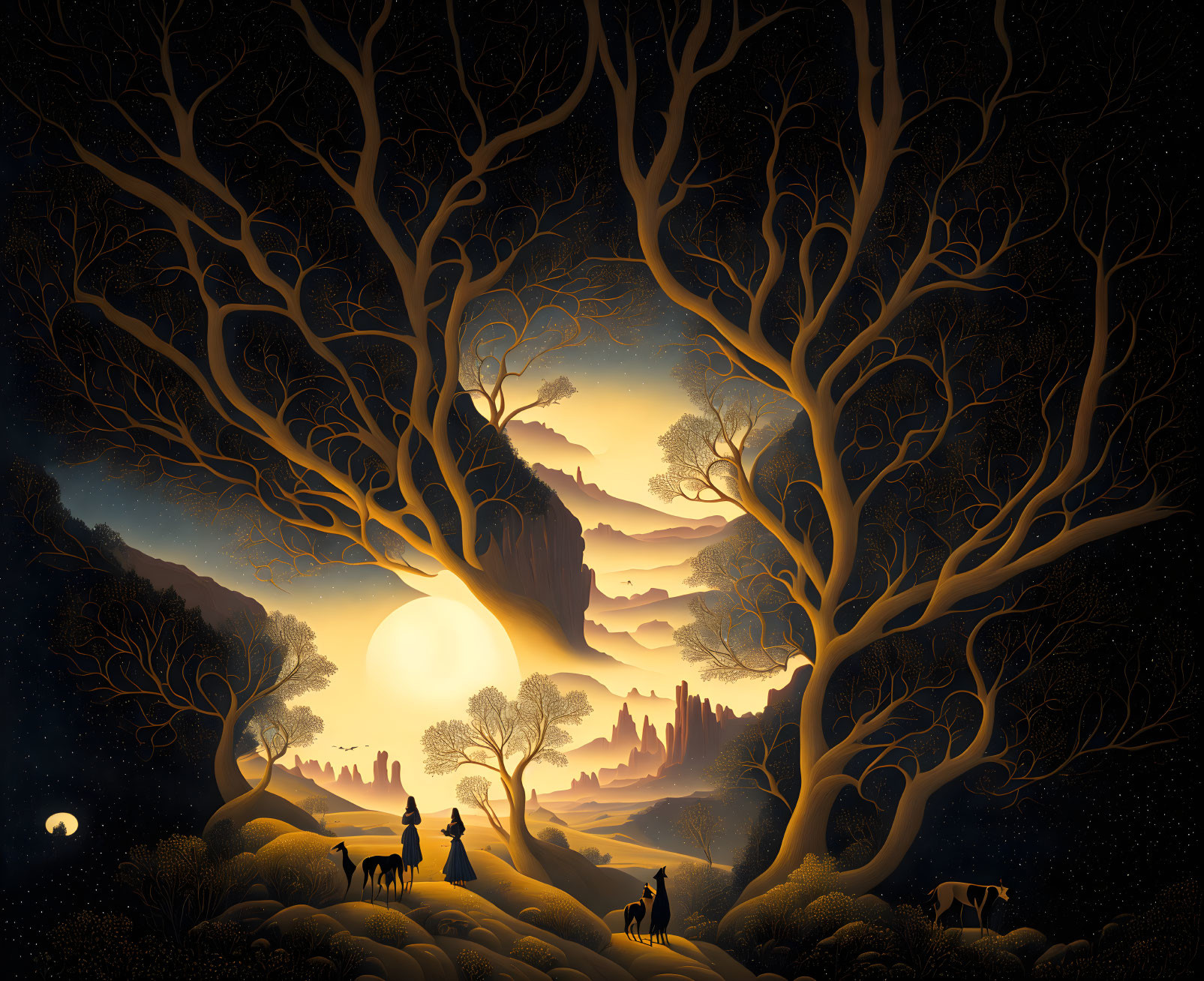 Travelers and animals in whimsical moonlit landscape