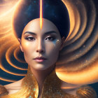 Surreal portrait of a woman with cosmic elements and stars, serene expression