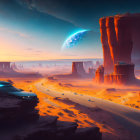 Futuristic sci-fi landscape with glowing path, rock formations, vehicles, and rising planet