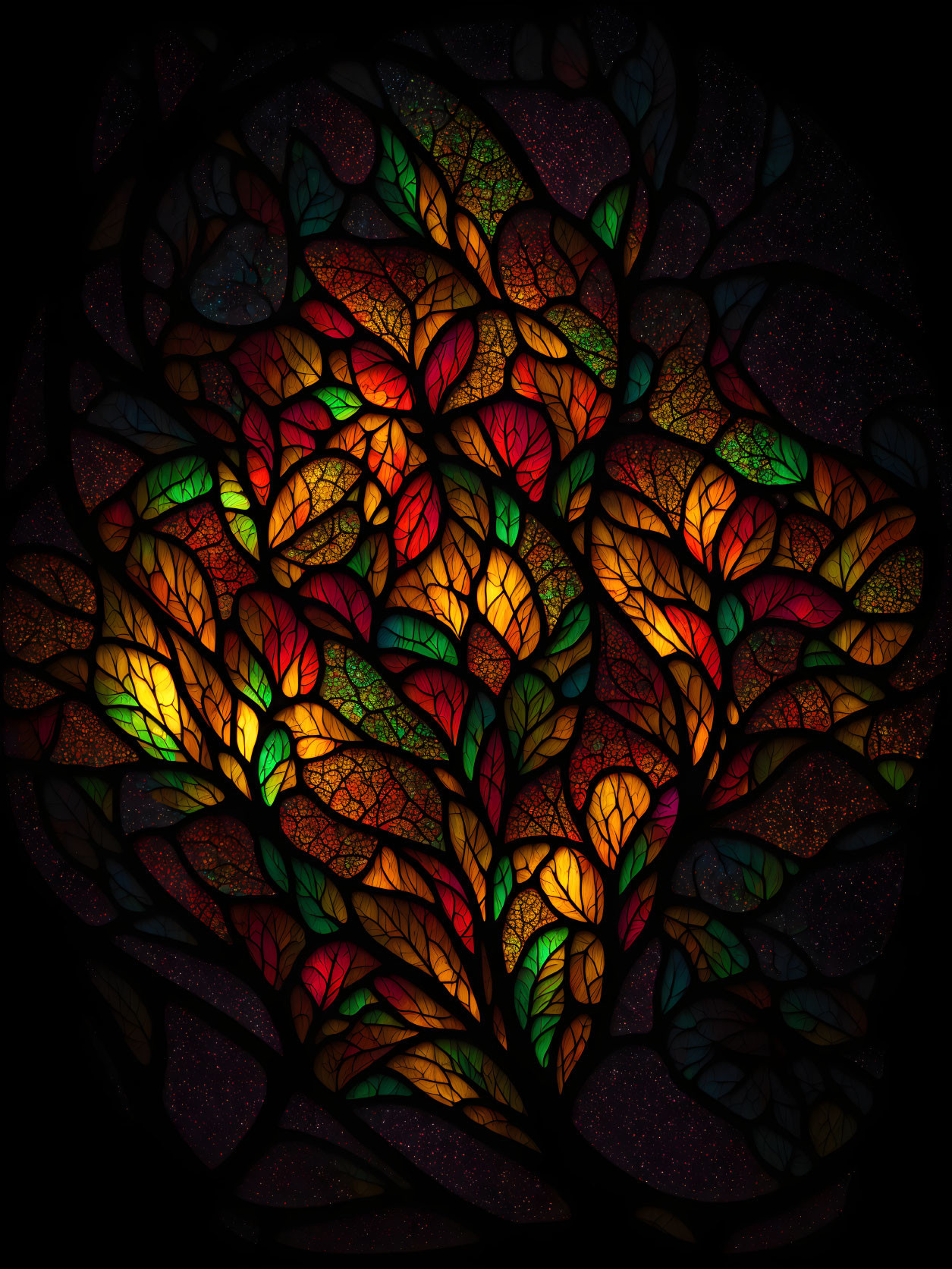 Colorful Stained Glass Tree Art Against Dark Background