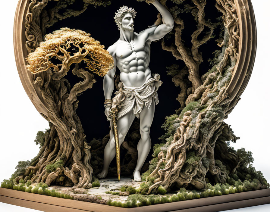 Muscular male figure sculpture with staff in golden leaf frame