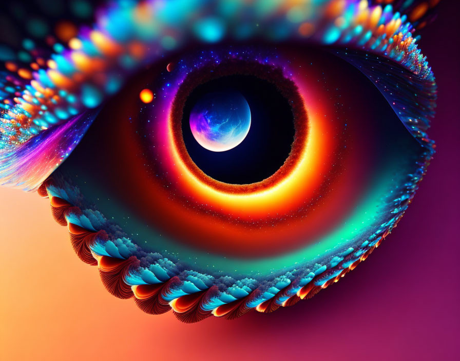 Abstract eye digital artwork with universe-like iris and fractal feather patterns