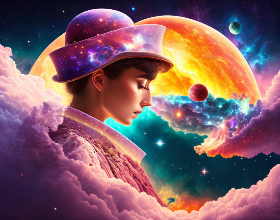 Woman with Cosmic-Themed Hat in Vibrant Galactic Background