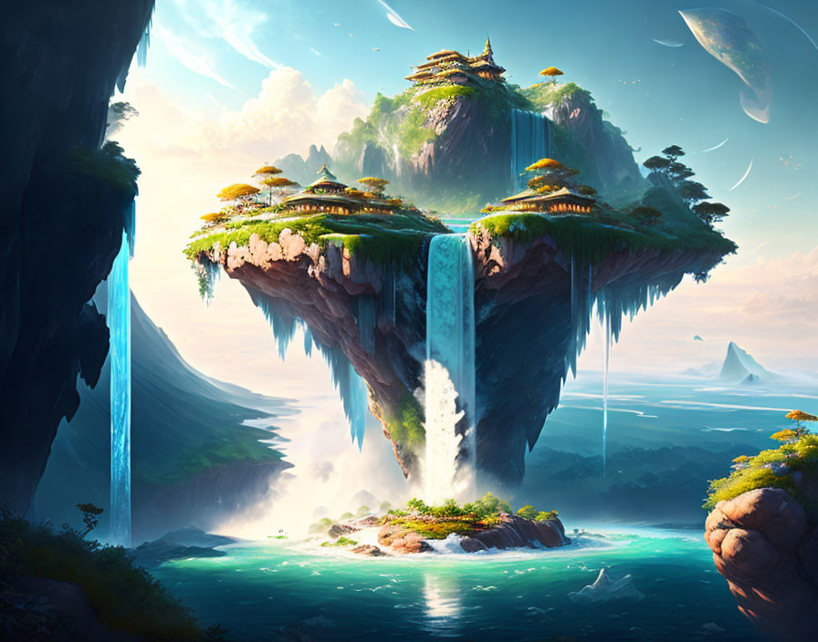 Fantastical floating island with waterfalls and ancient structures