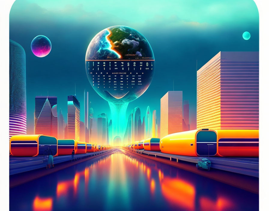 Vibrant futuristic cityscape with floating Earth hologram above skyscrapers