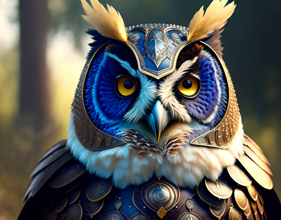 Detailed Digital Artwork: Owl in Metallic Armor with Golden Feathers